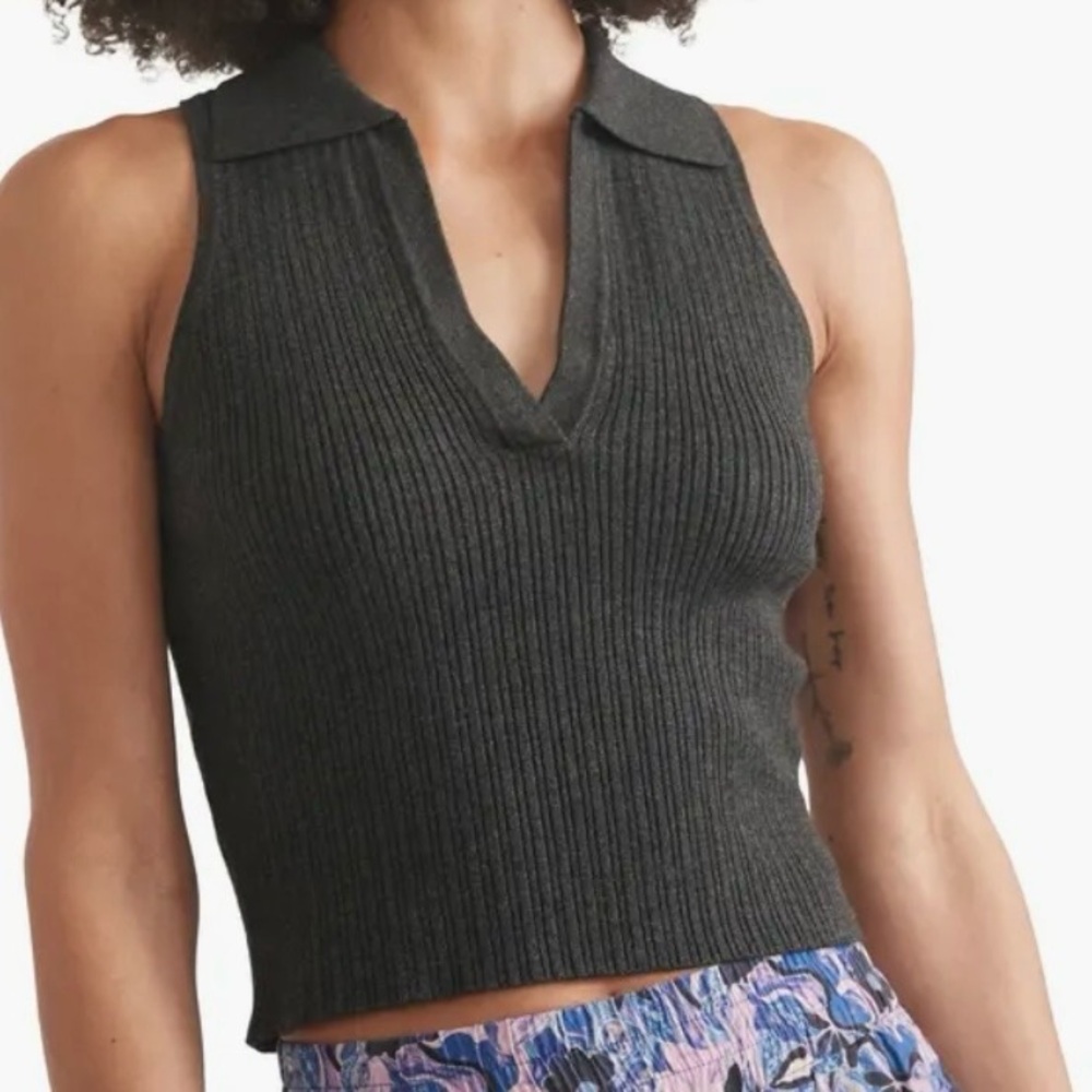 Marine Layer Amelia Rib Sleeveless Johnny Collar Crop Polo